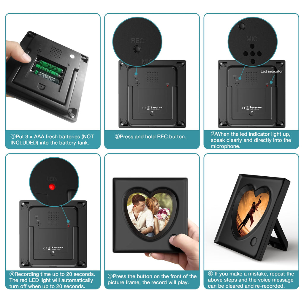 KWANWA Picture Frame Personalized Voice 20S Recordable, 3.9x3.9 Love Heart Shape Gifts for Graduation, Christmas, Birthday, Wedding, Photo Frame for Tabletop Desk Bookshelf Office Home