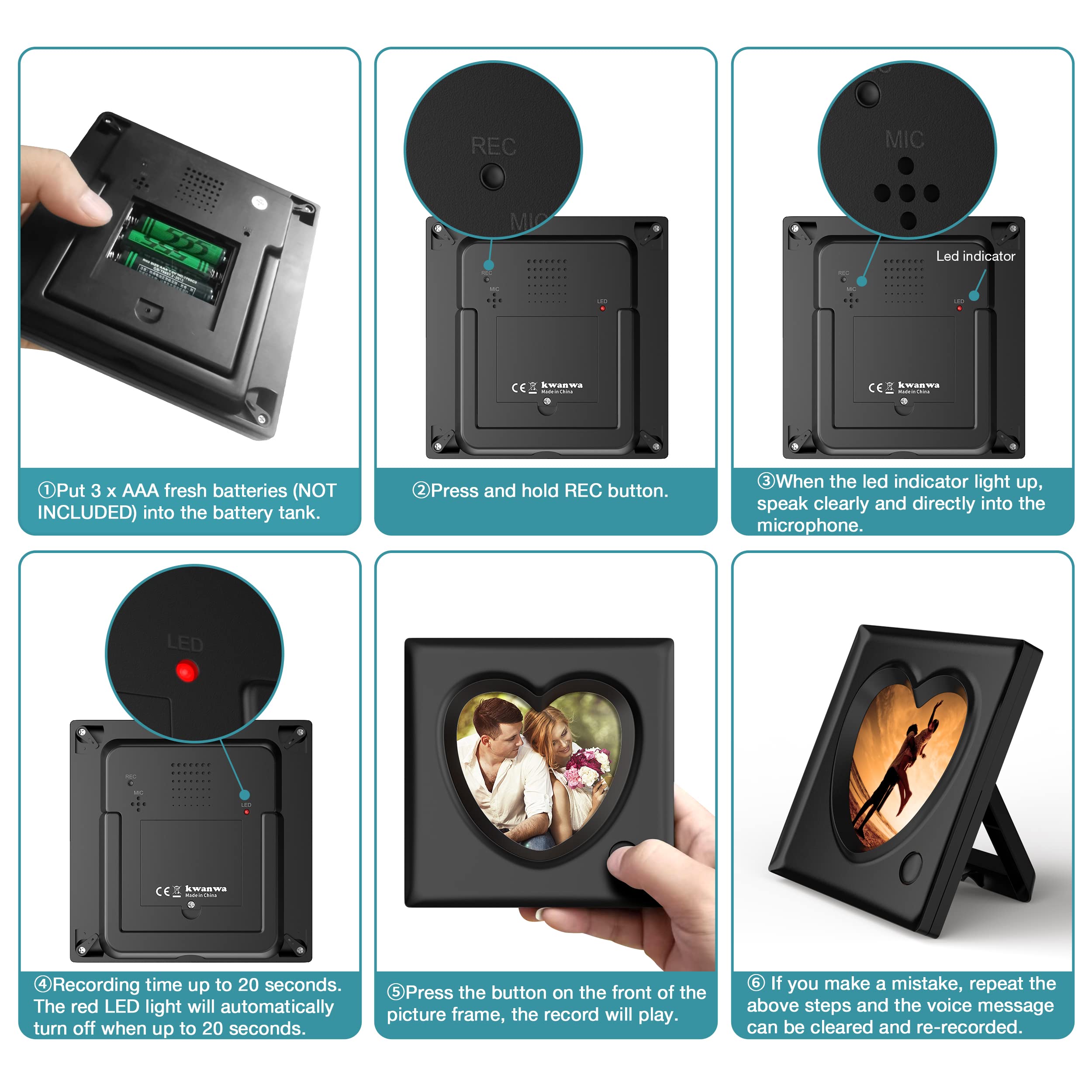 KWANWA Picture Frame Personalized Voice 20S Recordable, 3.9x3.9 Love Heart Shape Gifts for Graduation, Christmas, Birthday, Wedding, Photo Frame for Tabletop Desk Bookshelf Office Home