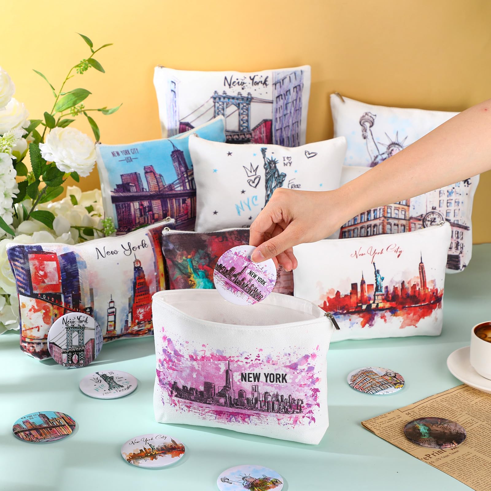 Bulyoou 36 Set New York Souvenirs Gifts Include 36 Pcs City Cosmetic Bag Bulk New York Makeup Bag 36 Pcs NYC Souvenirs Makeup Mirrors for Girl Women Traveler Birthday Valentine Party Favors