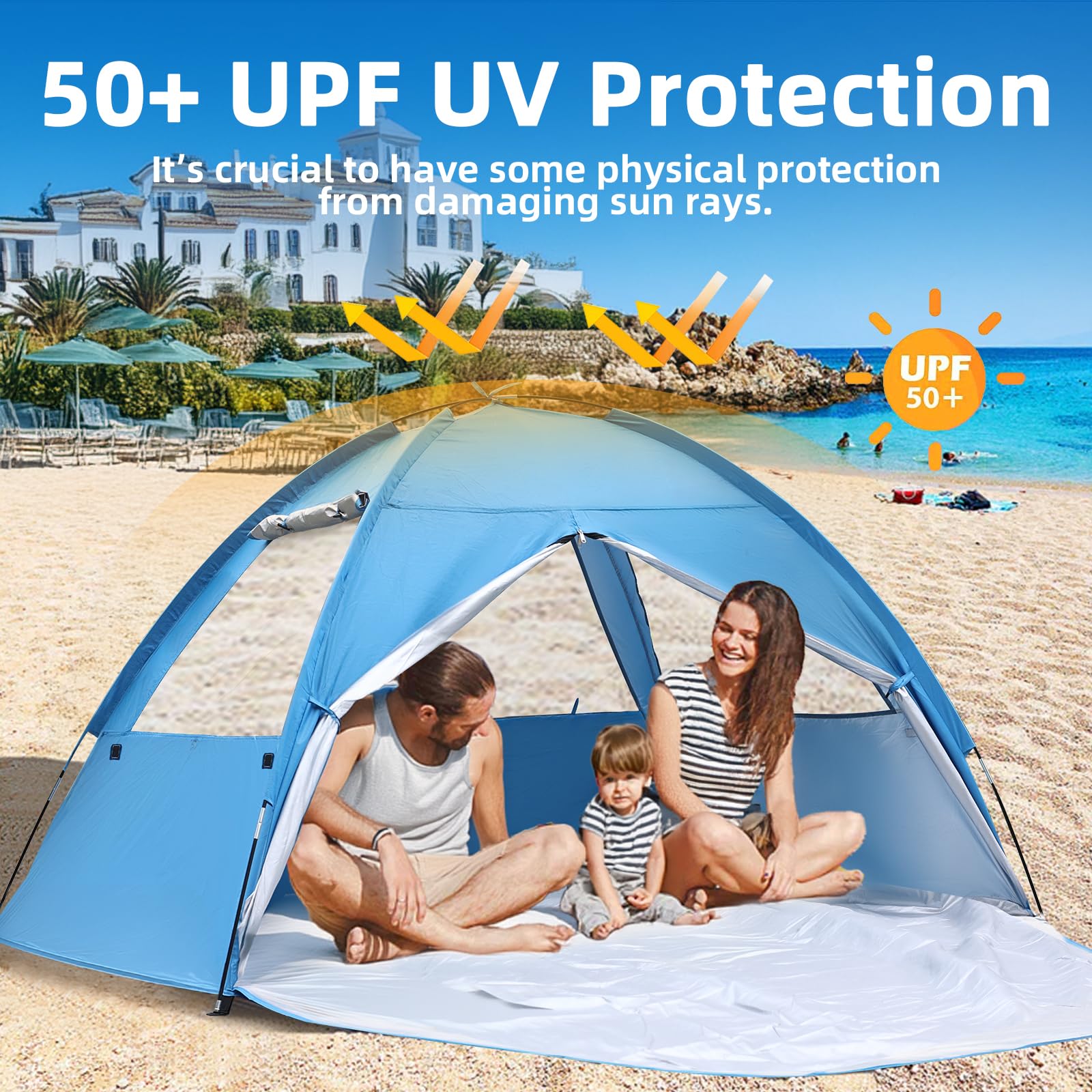 COVACURE Beach Tent Sun Shelter - Large Easy Setup Beach Tent, UPF 50+ UV Waterproof Lightweight Beach Shade Tent for 3-4 Person, Outdoor Tent for Beach, Camping, Fishing