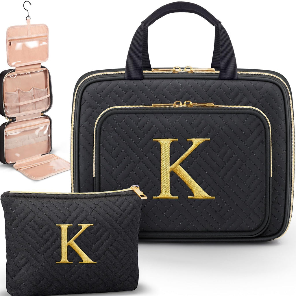 Gifts for Women - Initial Toiletry Bag & Makeup Bag Hanging Travel Organizer Cosmetic Bag with Embroidery Letter Personalized Birthday Valentines Day Gift for Mom Sister Teacher Her Wife Friend Auntie