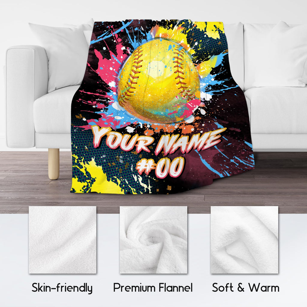 Personalized Softball Blanket - Soft Fuzzy Sports Throw Blankets for Girls Women - Custom Softball Theme Gifts for Softball Players - 50x60 Inches Large Flannel Blanket for Sofa Couch