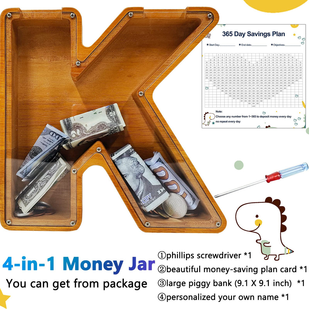 Custom Piggy Bank with Laser Engraved Name, Creative Alphabet Letter Storage Bank, Personalized Wooden Toy with DIY Letter for Kids, Money Bank (K)