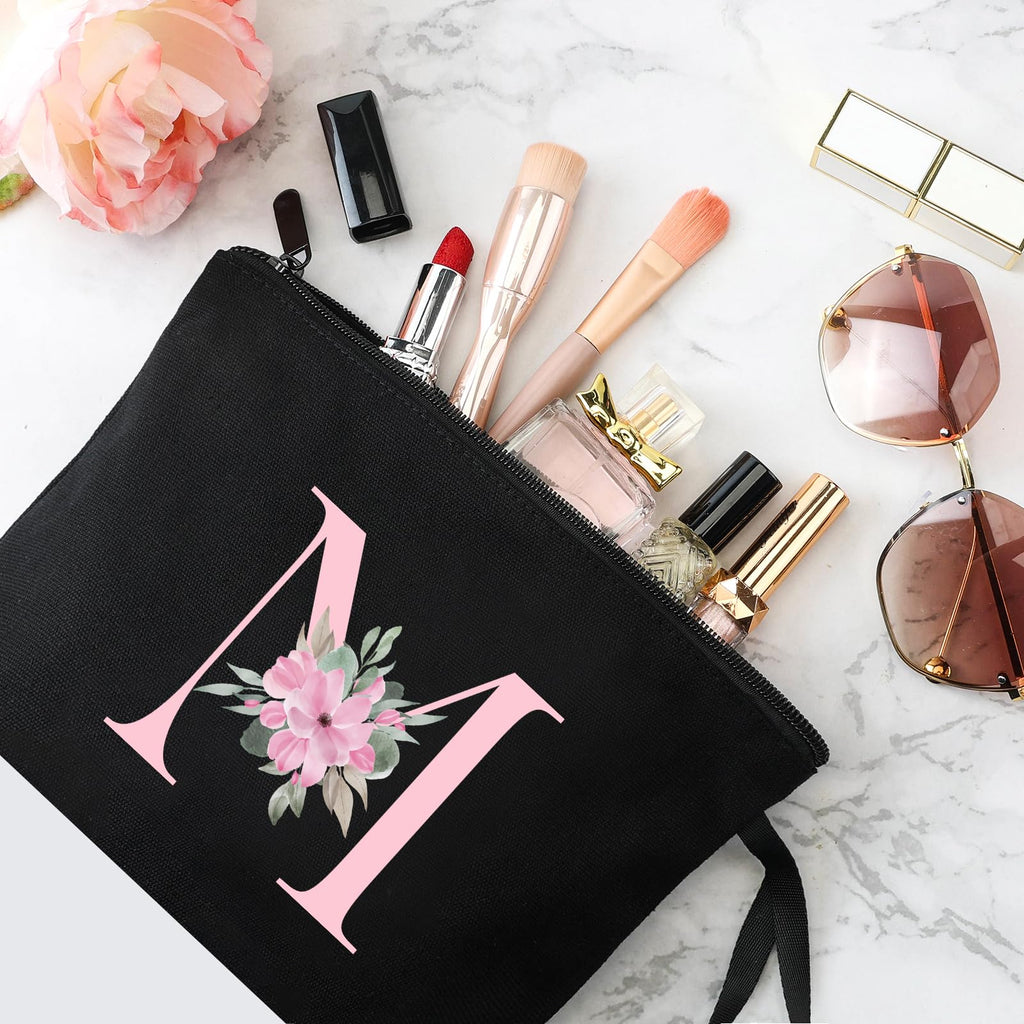 Vavabox A-Z Personalized Makeup Bag,Birthday Gifts for Women Mom,Gifts for Best Friend,Bride Bridesmaid Cosmetic bag (M, Black)