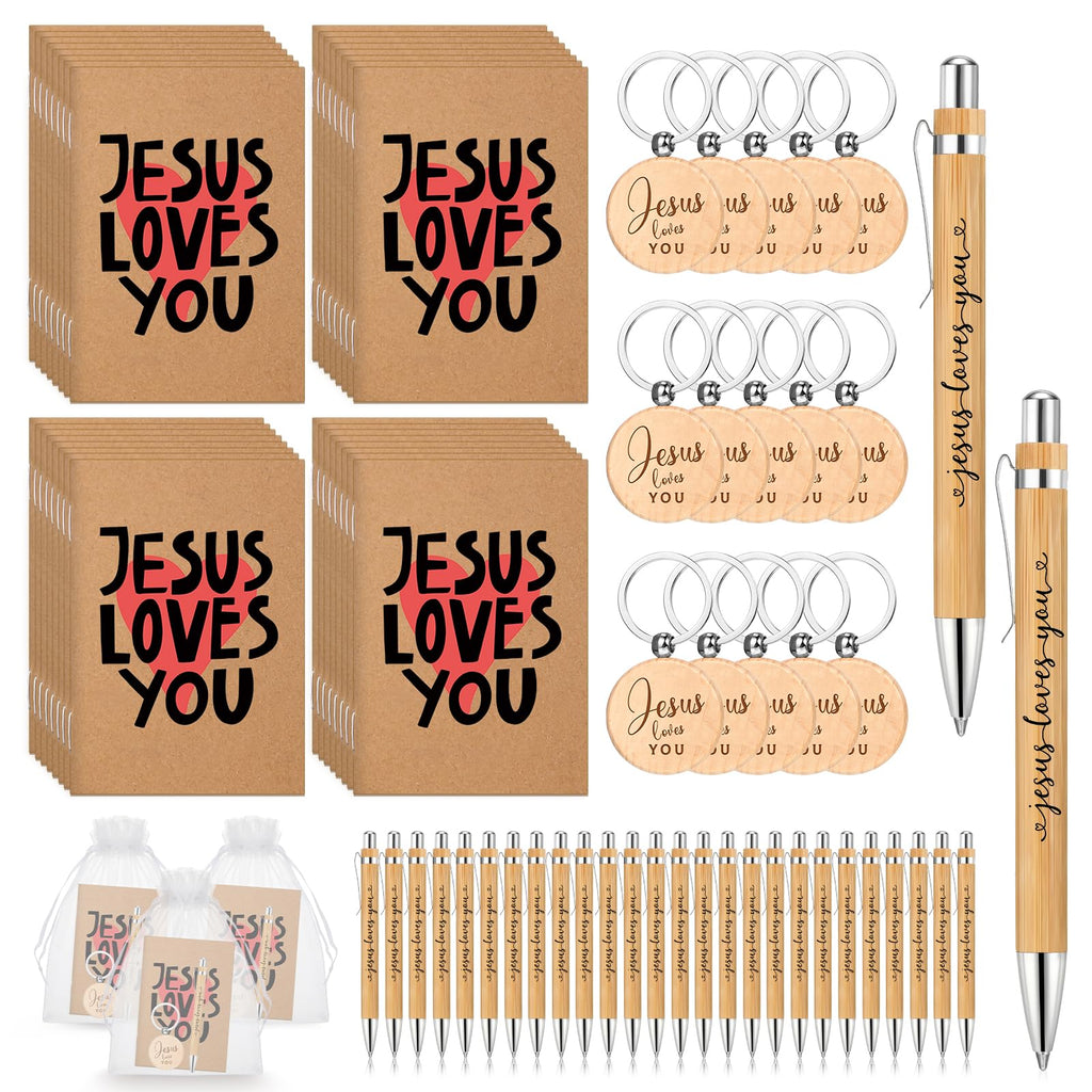 Tenceur 20 Sets Christian Gift Bulk Include Jesus Loves You Sign Inspirational Prayer Notepad Bible Bamboo Pen Religious Keychain with Organza Bags Church Party Favors for Sunday School