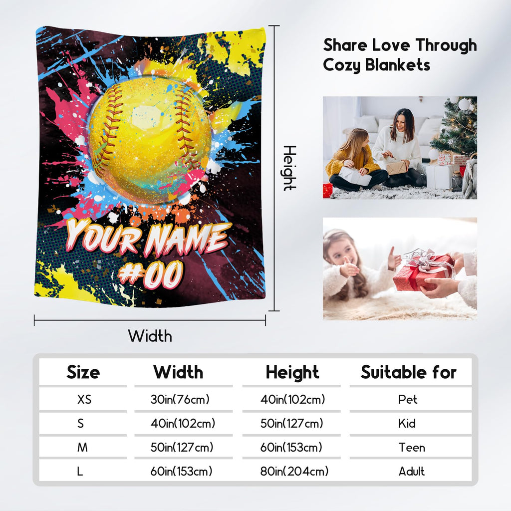 Personalized Softball Blanket - Soft Fuzzy Sports Throw Blankets for Girls Women - Custom Softball Theme Gifts for Softball Players - 50x60 Inches Large Flannel Blanket for Sofa Couch