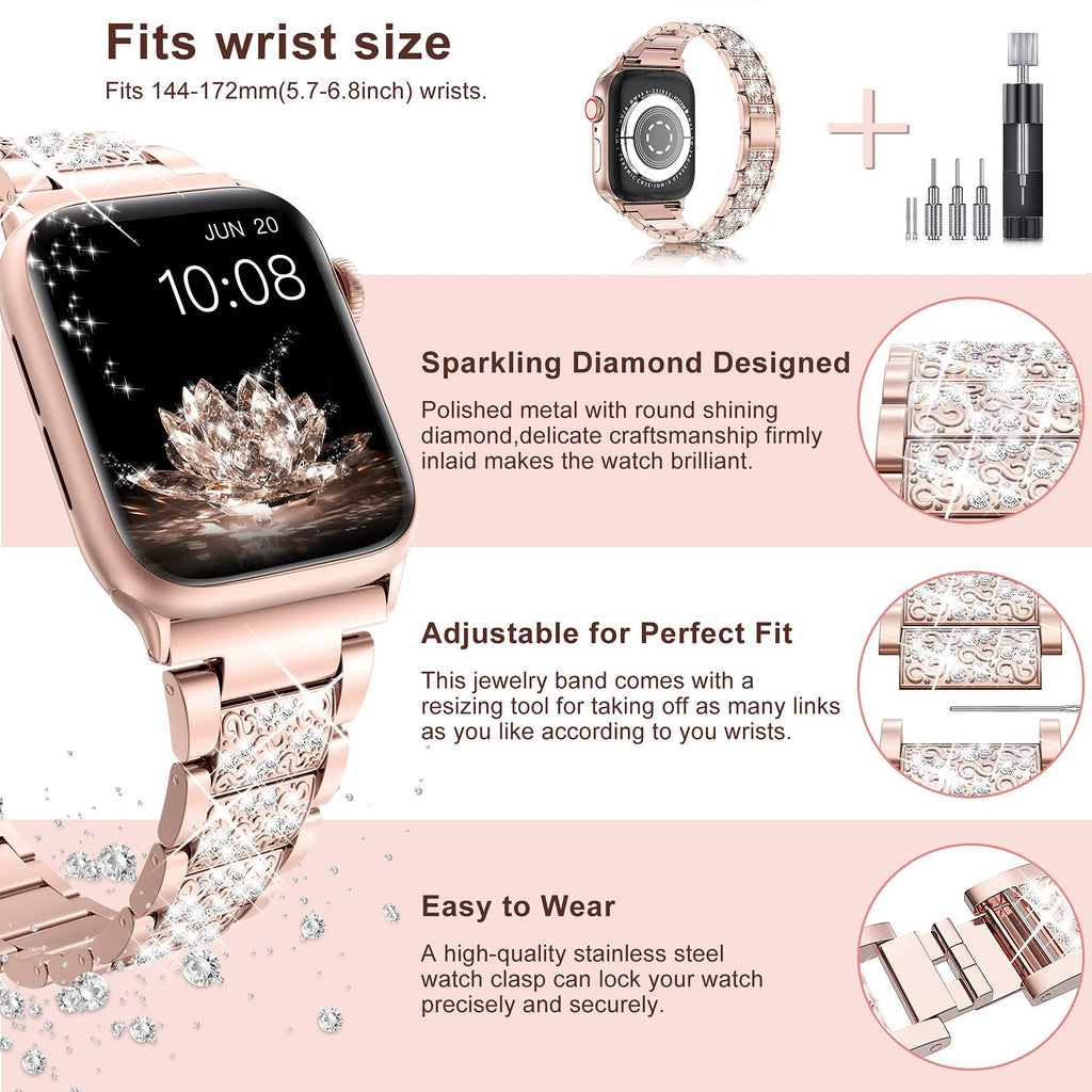 LELONG Compatible with Apple Watch Band 38mm 40mm 41mm Series 9 8 7 6 5 4 3 2 1 SE Ultra for women, Bling Replacement Bracelet iWatch Band, Sparkle Diamond Rhinestone Stainless Steel Metal Wristband