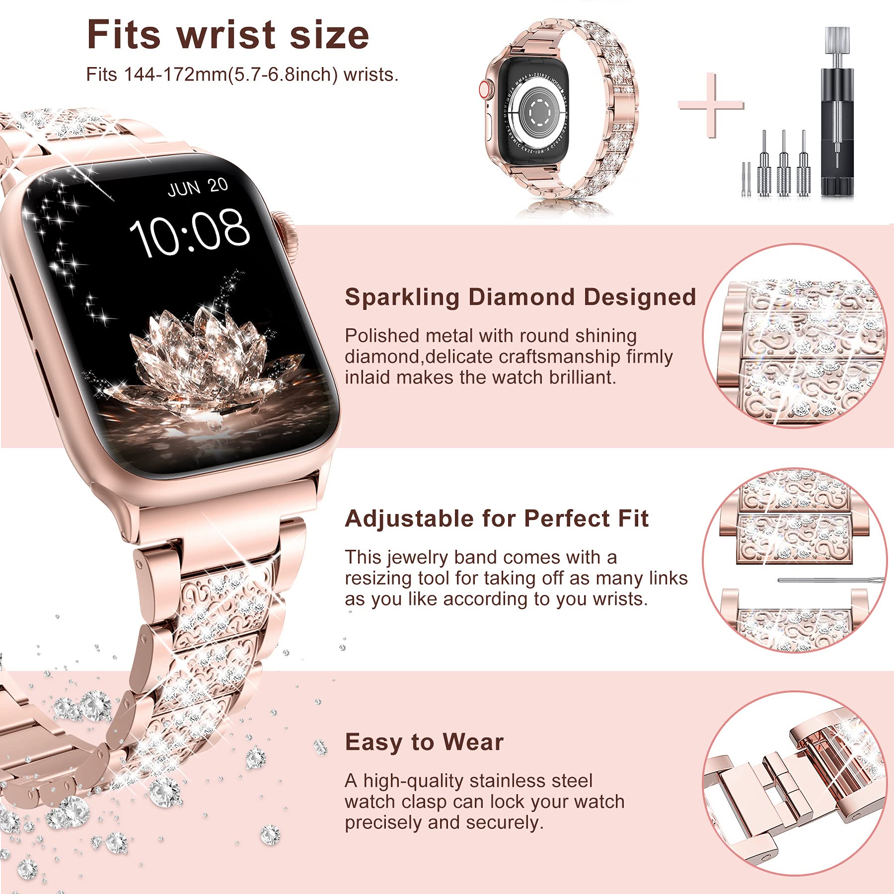 LELONG Compatible with Apple Watch Band 38mm 40mm 41mm Series 9 8 7 6 5 4 3 2 1 SE Ultra for women, Bling Replacement Bracelet iWatch Band, Sparkle Diamond Rhinestone Stainless Steel Metal Wristband