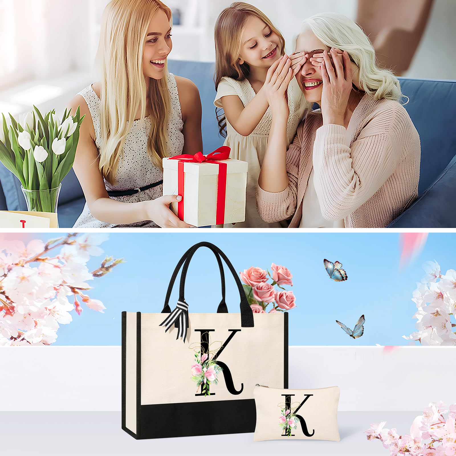 AYGE Personalized Initial Canvas Beach Bag Cosmetic Bags, Monogrammed Gifts for Women, Tote Bag, Makeup Bag, Birthday Gifts for Sister Mom Teacher Bridesmaid (K)