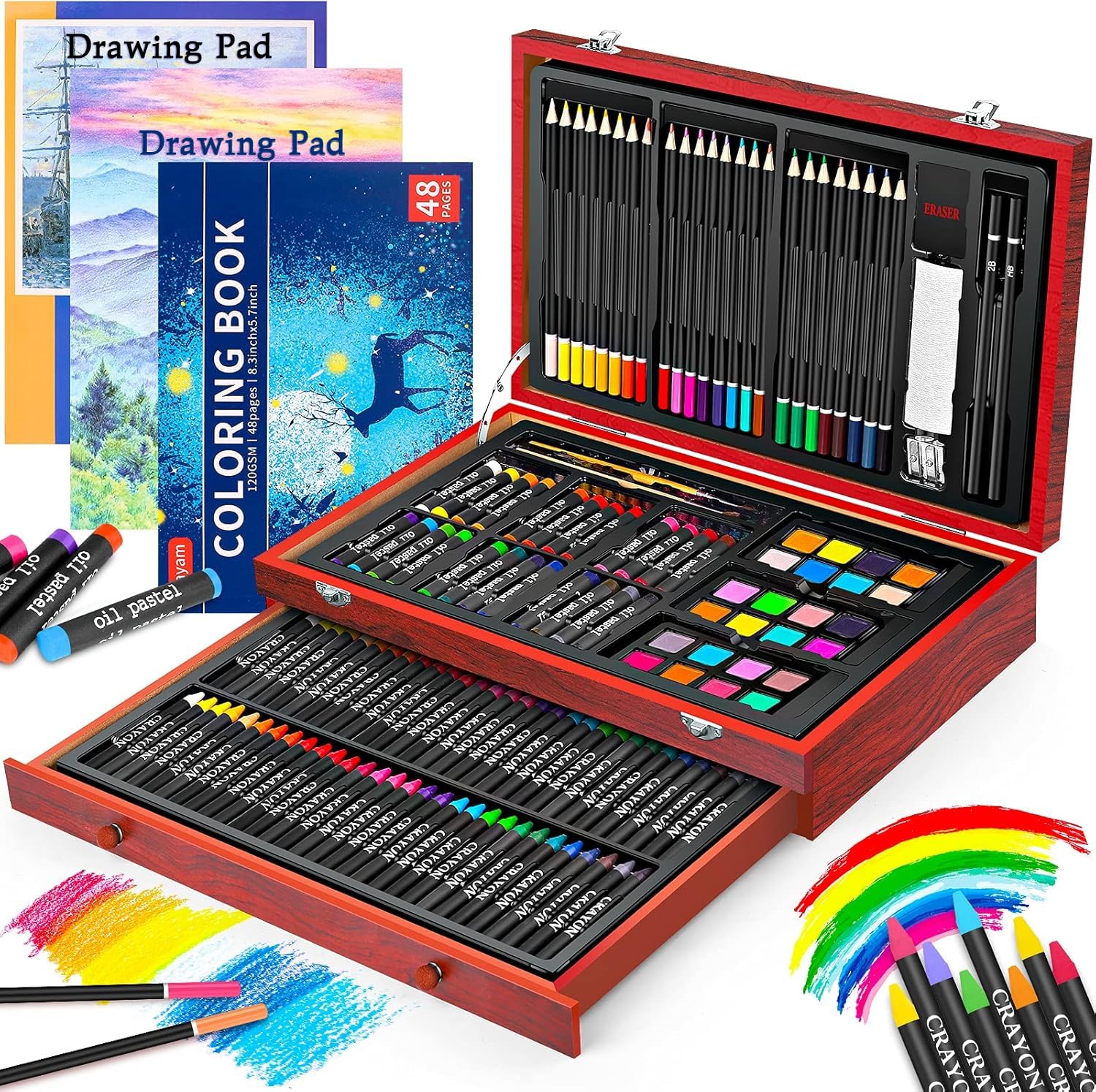 Art Supplies, Back to School Supplies, iBayam 150-Pack Deluxe Wooden Art Set Crafts Drawing Painting Kit with 1 Coloring Book, 2 Sketch Pads, Gift Box for Adults Artist Beginners Kids Teens Girls Boys