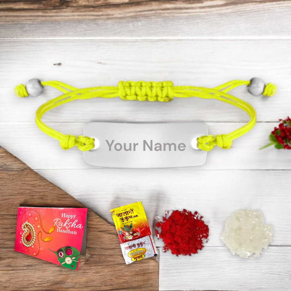 LoveNspire Personalized Stainless Steel Rakhi for Brother Custom Engraved Names Bracelet for Bhai - Raksha Bandhan Customizable Bracelets - Thread Rakhi Gift Hamper with Roli Chawal Greeting Card