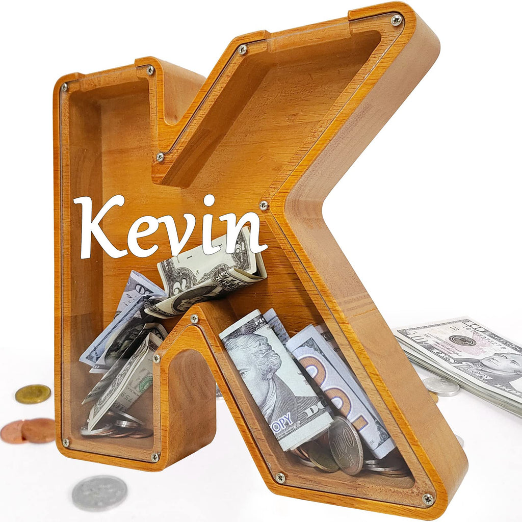 Custom Piggy Bank with Laser Engraved Name, Creative Alphabet Letter Storage Bank, Personalized Wooden Toy with DIY Letter for Kids, Money Bank (K)