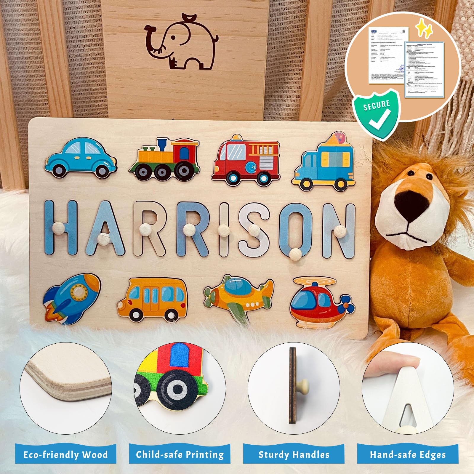 Purefly Personalized Name Puzzle for Kids Engraved Text Greetings on Back Custom Wooden Name Signs with Pegs for Baby Boy & Girl 1 Year Old Nursery Gifts Montessori Toys Toddler Puzzles for Newborn