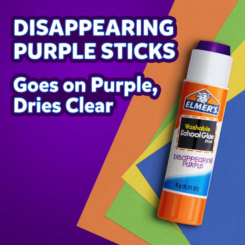 Elmer's Disappearing Purple School Glue Sticks, Washable and Non-Toxic, 6 Grams, Pack of 12 - Ideal for School and Craft Projects