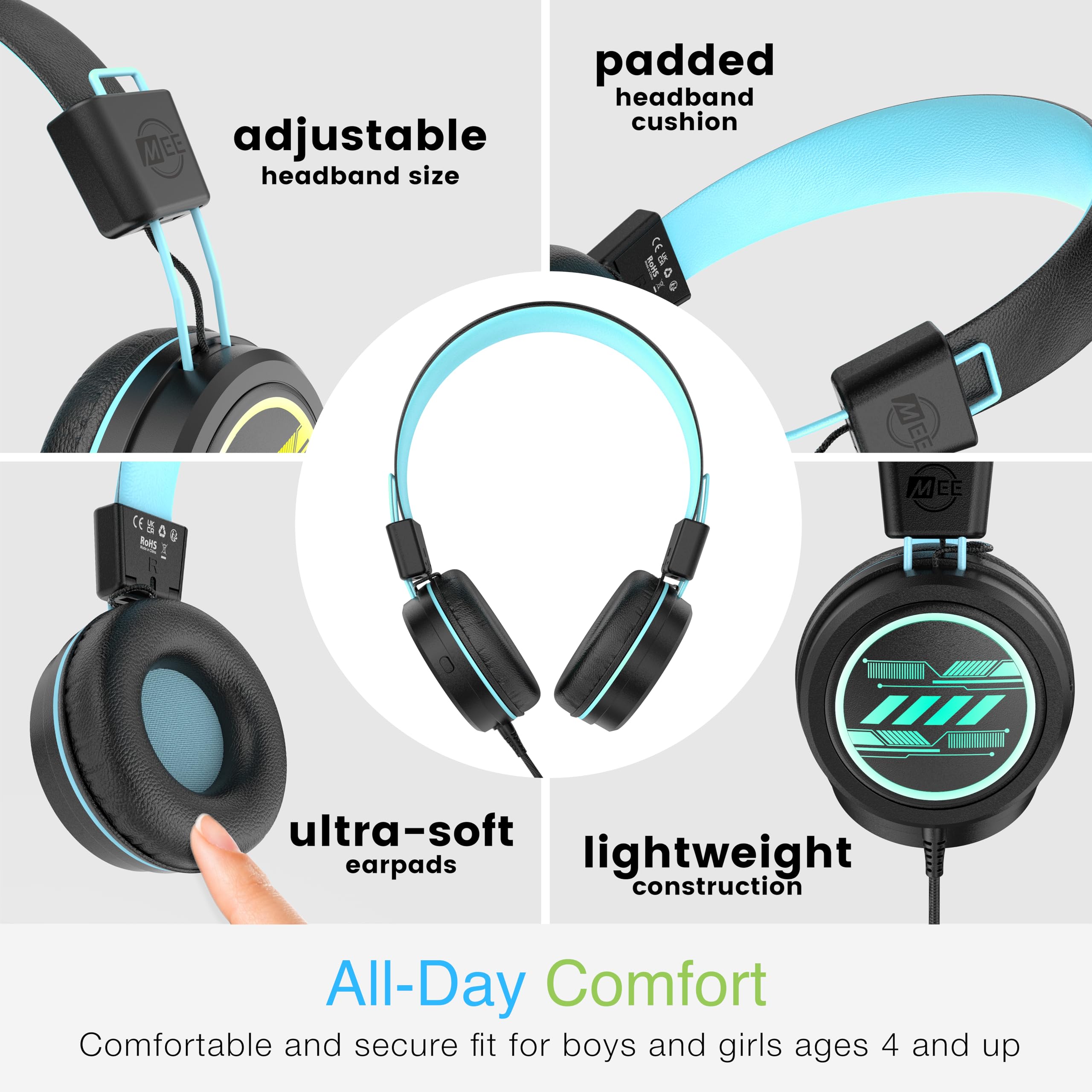 MEE audio KidJamz KJ55 Personalized USB-C Safe Listening Wired Headphones for Kids with Custom LED-Backlit Design, Volume Limiter, & Microphone for iPhone 15, iPad, & USB Type C Devices (Black)