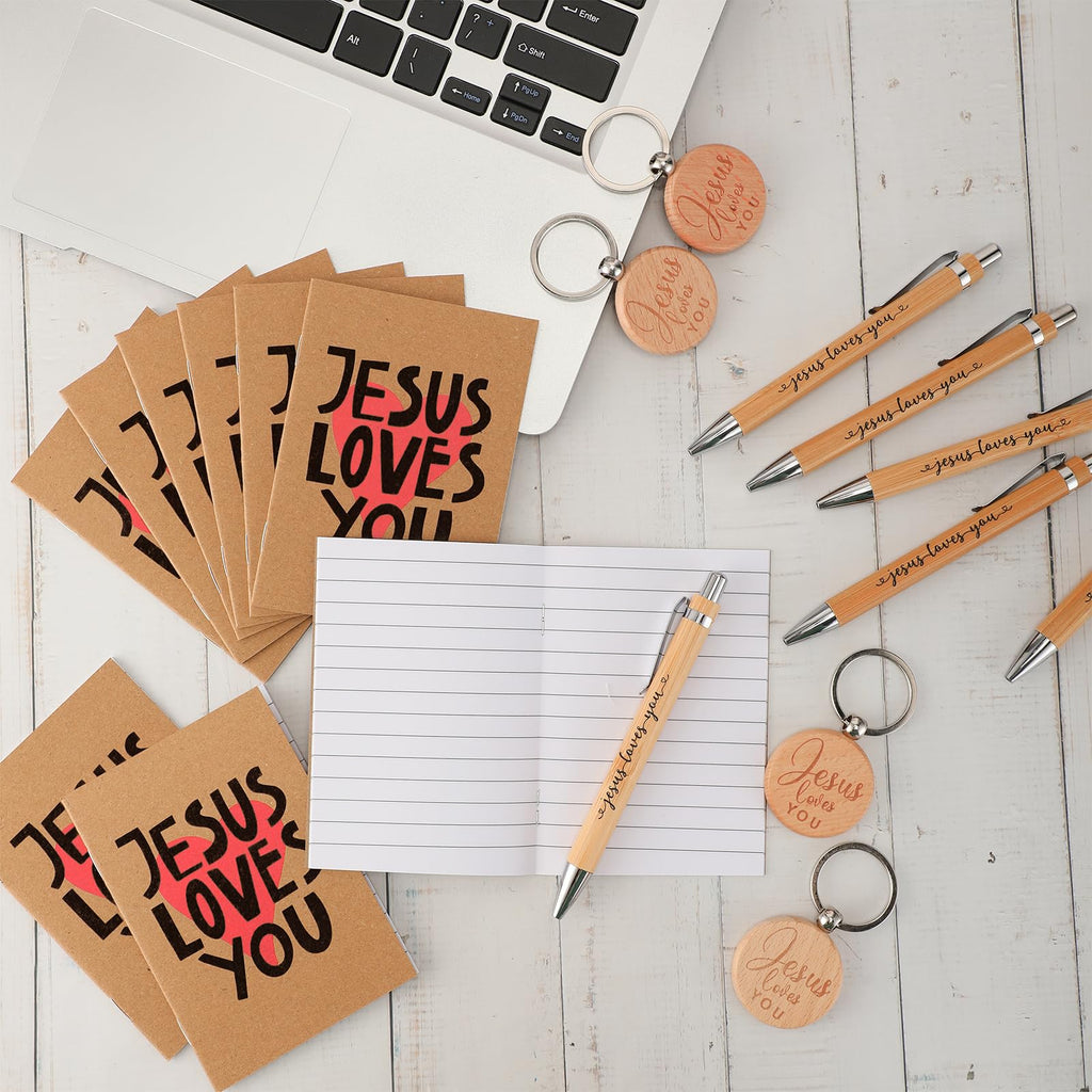 Tenceur 20 Sets Christian Gift Bulk Include Jesus Loves You Sign Inspirational Prayer Notepad Bible Bamboo Pen Religious Keychain with Organza Bags Church Party Favors for Sunday School