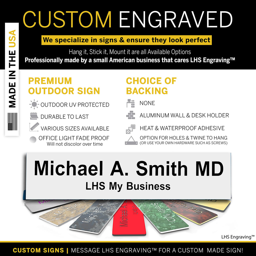 LHS - Door Name Plate Personalized for Office White Plastic Name Plate Black Letters | 2x8 - B16