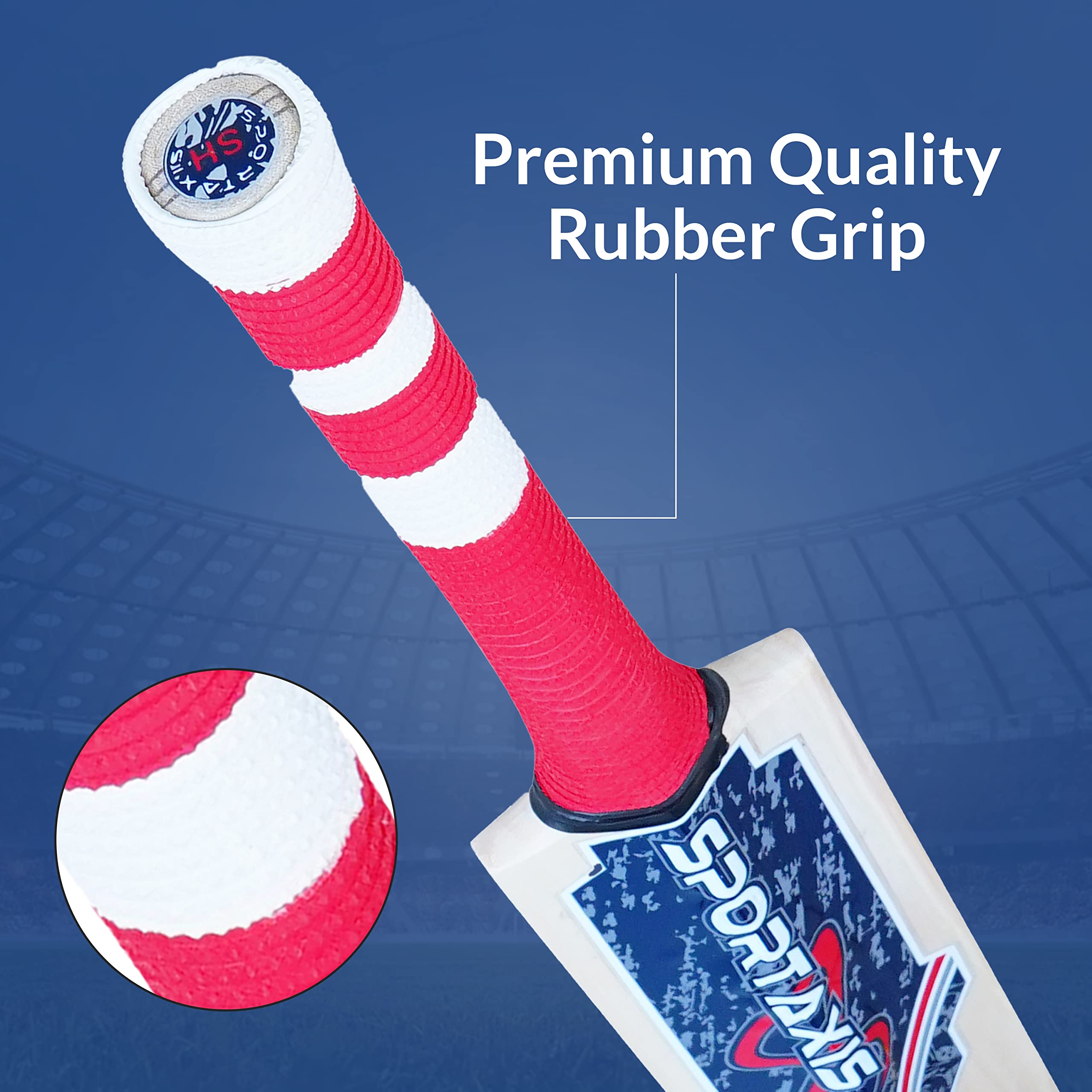 SPORTSAXIS Stunburn Grade 1 Kashmir Willow Cricket Bat - Rubber Grip, Semi Round Bottom - Full Size for Powerful Strikes - Ideal Training - Practice for Home/Club Play/Beach/Backyard Cricket