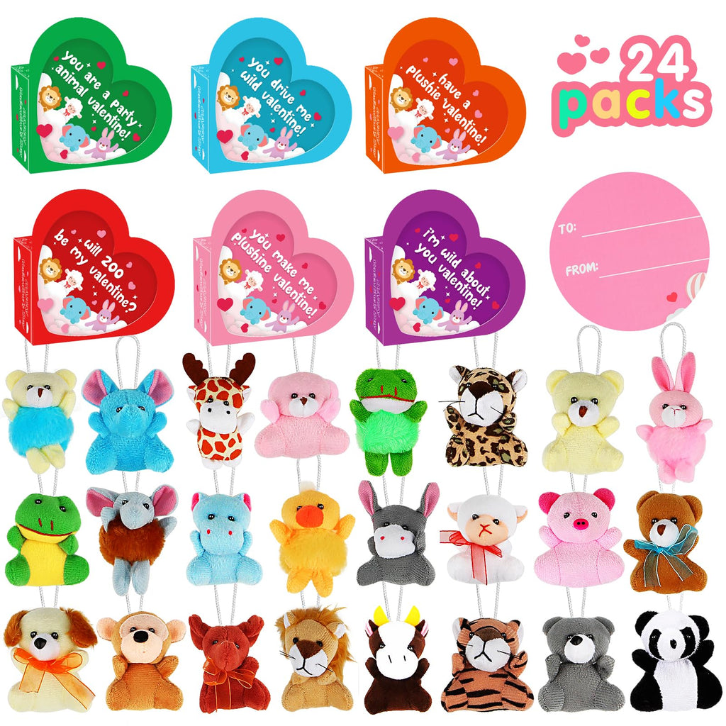 Advoxa Valentines Day Gifts Toys for Kids - 24 Packs Valentines Day Heart Boxes with Animal Plush Toys, Valentines Gift Exchange School Classroom Prize Rewards Party Favors Toys