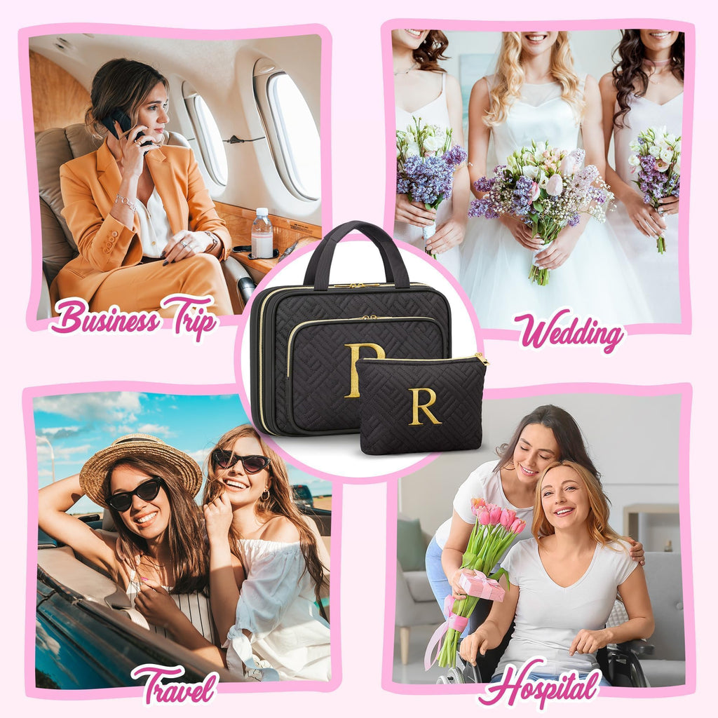 Gifts for Women - Initial Toiletry Bag & Makeup Bag Hanging Travel Organizer Cosmetic Bag with Embroidery Letter Personalized Birthday Valentines Day Gift for Mom Sister Teacher Her Wife Friend Auntie