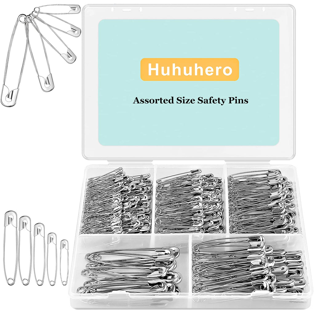 Huhuhero 340 Pack Safety Pins Assorted, 5 Different Sizes Small and Large Pins, Safety Pin for Clothes Costume Sewing, Nickel Plated Steel Bulk, Arts and Crafts Supplies, Silver