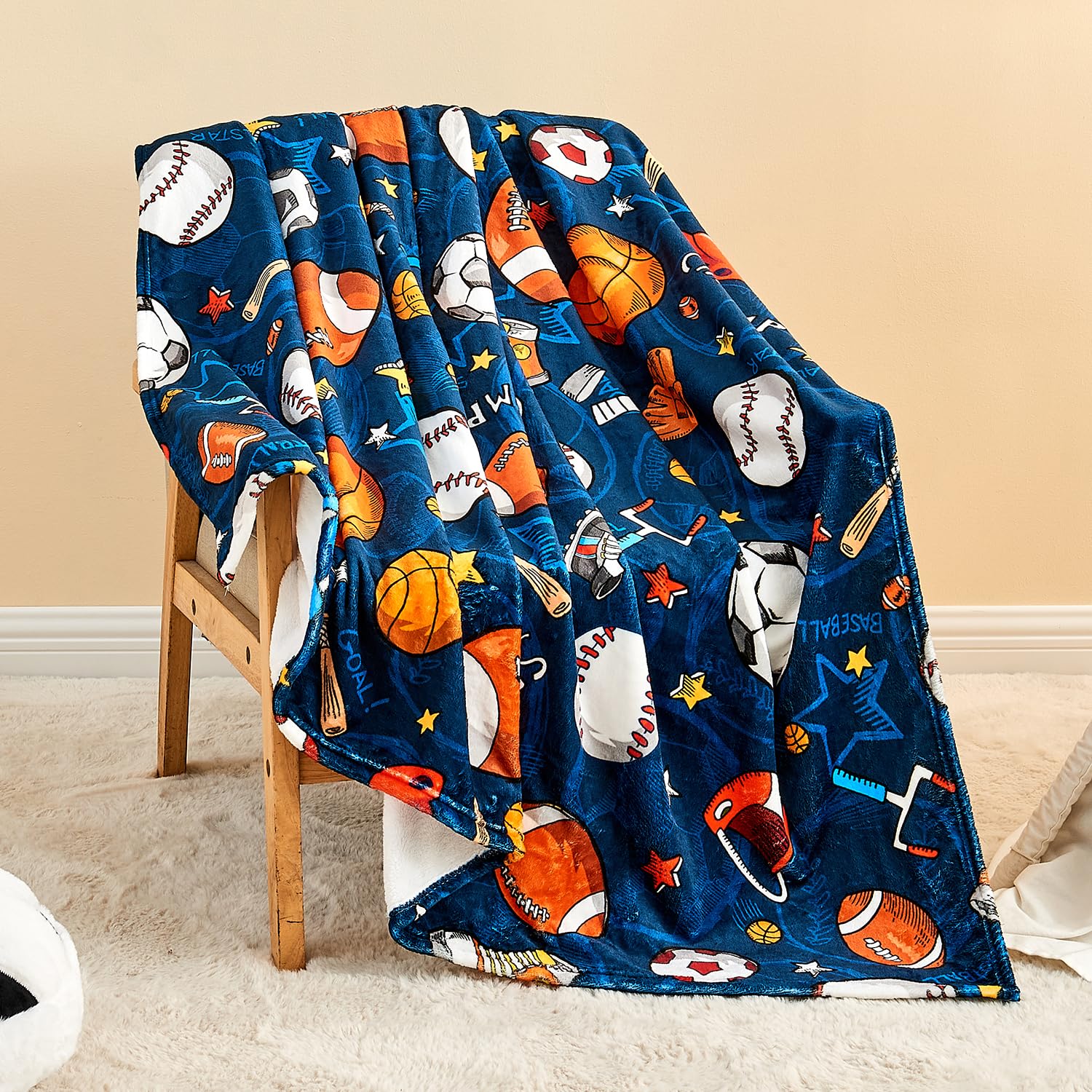 Wajade Sports Blanket for Boys,Soft Fleece 3D Soccer Basketball Baseball Football Kids Blanket for Couch Sofa Bedroom, Fuzzy Blanket and Throws Ball Blanket for Kids Boys Teens,50"x60"