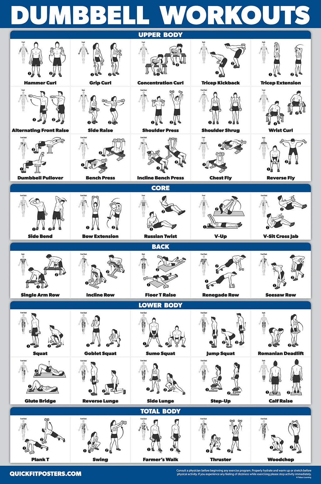 QuickFit 3 Pack - Dumbbell Workouts + Bodyweight Exercises + Stretching Routine Poster Set - Set of 3 Workout Charts (Laminated, 18" x 24")