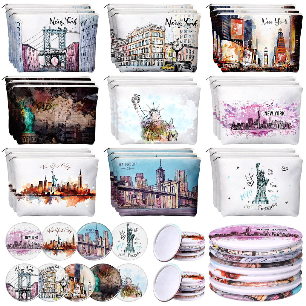 Bulyoou 36 Set New York Souvenirs Gifts Include 36 Pcs City Cosmetic Bag Bulk New York Makeup Bag 36 Pcs NYC Souvenirs Makeup Mirrors for Girl Women Traveler Birthday Valentine Party Favors