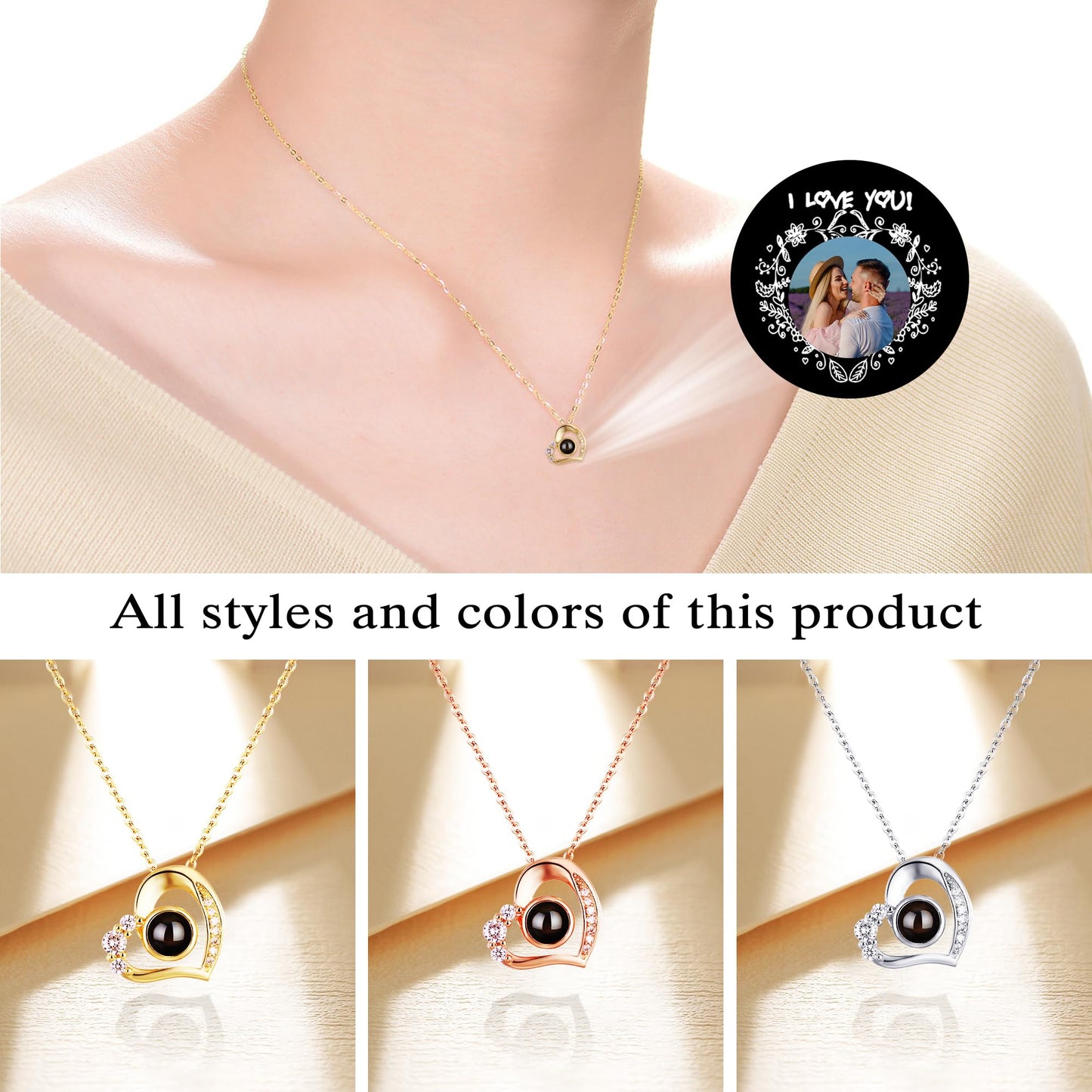 Craftdiam Personalized Picture Necklace Projection Necklace with Photo Inside - Custom Photo Pendant Necklace - 18K Real Gold Plating-for Mom Wife Valentines Love Memorial Gifts for Anniversary