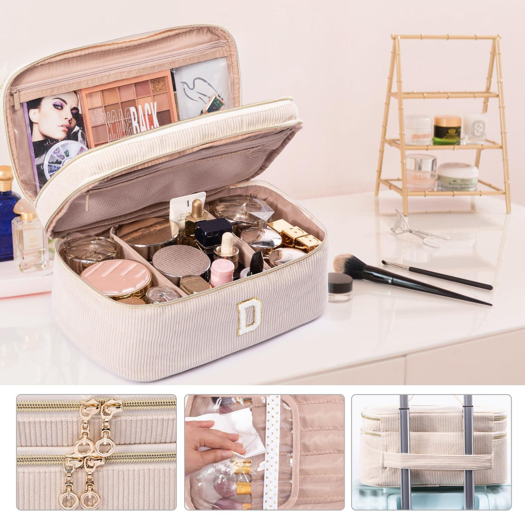 AMOIGEE Initial Makeup Bag Organizer,Personalized Double Layer Train Case, Travel Toiletry Bag for Makeup Brushes for Teens Girl, Skincare Gift Set, Initial Cute Cosmetic Make Up Bag for Women