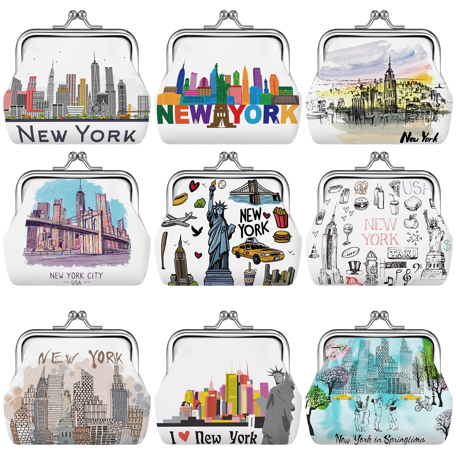 Yeyeplum 9 Pcs New York Souvenir Coin Purse for Girls Women Souvenir Change Wallet Gifts City Travel Vintage Kiss Lock Change Purses Bulk for Ladies Women Mother Teacher