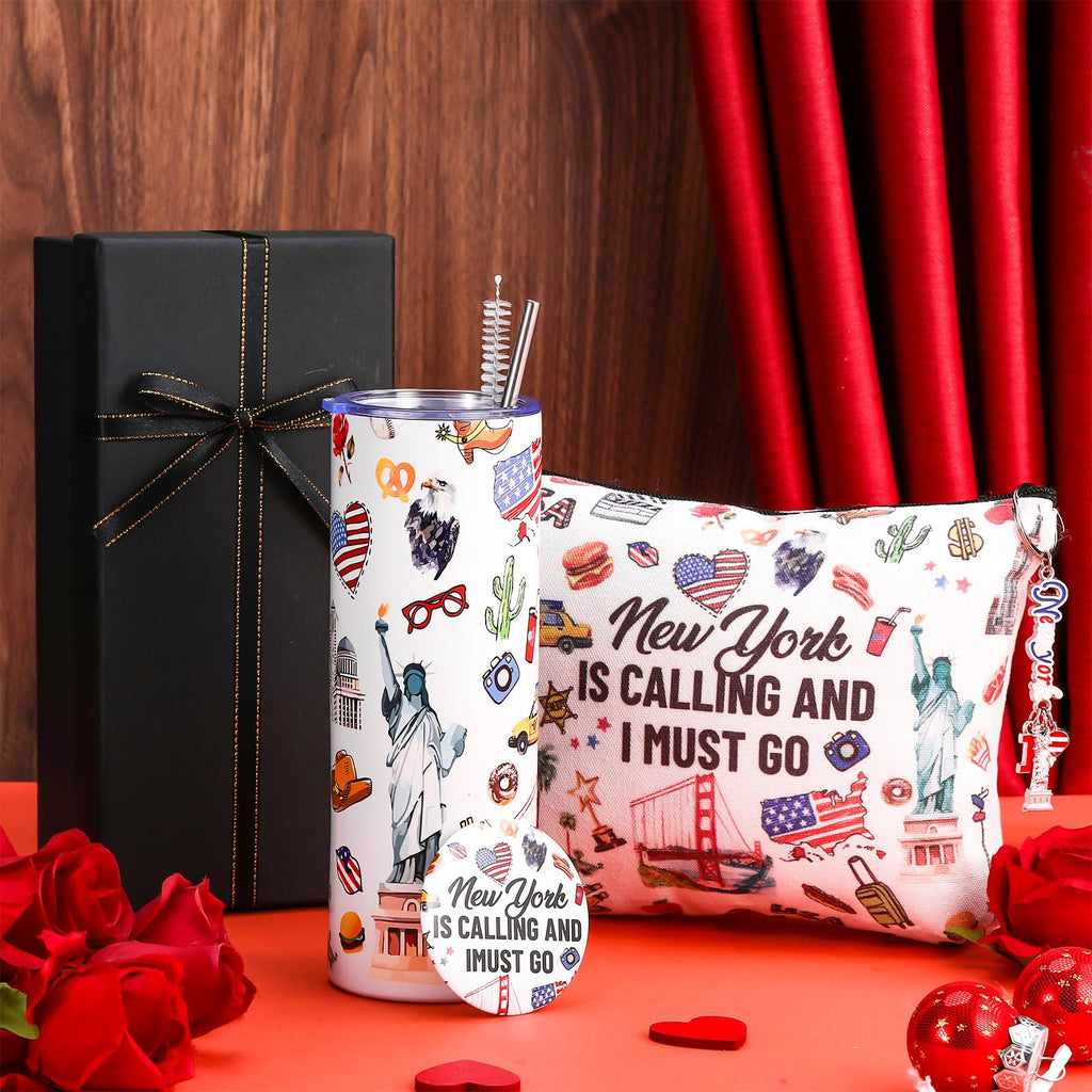 Sieral 5 Pcs New York Travel Gift New York Lover USA Themed Gifts Includes Makeup Bag Thermal Cup Keychain Mirror for Traveler Women Friend Sister Birthday Christmas Party