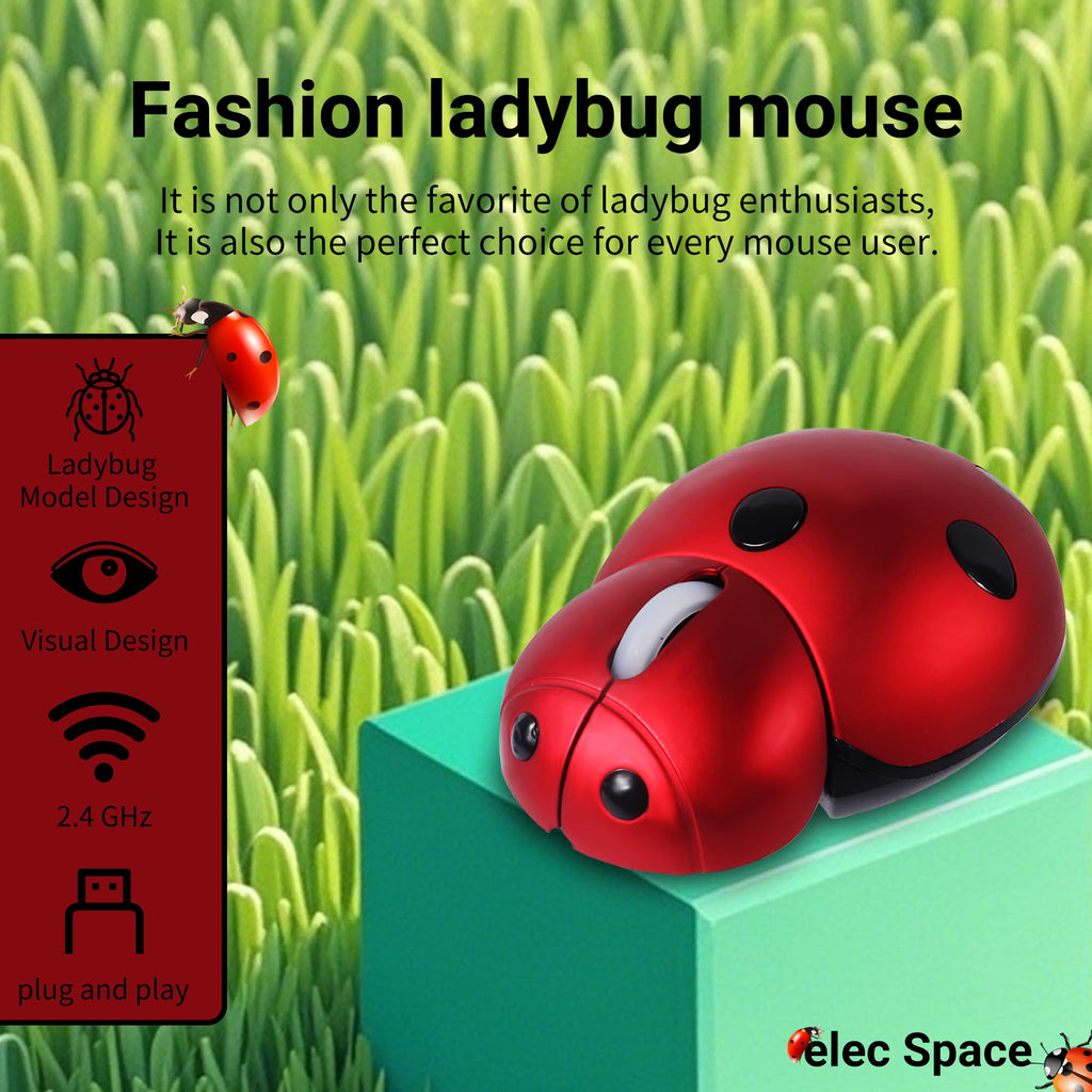 elec Space Mini Small Wireless Mouse for Kids, Cute Animal Ladybug Shape 3000DPI Portable Mobile Optical Mouse with USB Receiver Cordless Mouse for PC Mac Laptop Computer Notebook (Red)