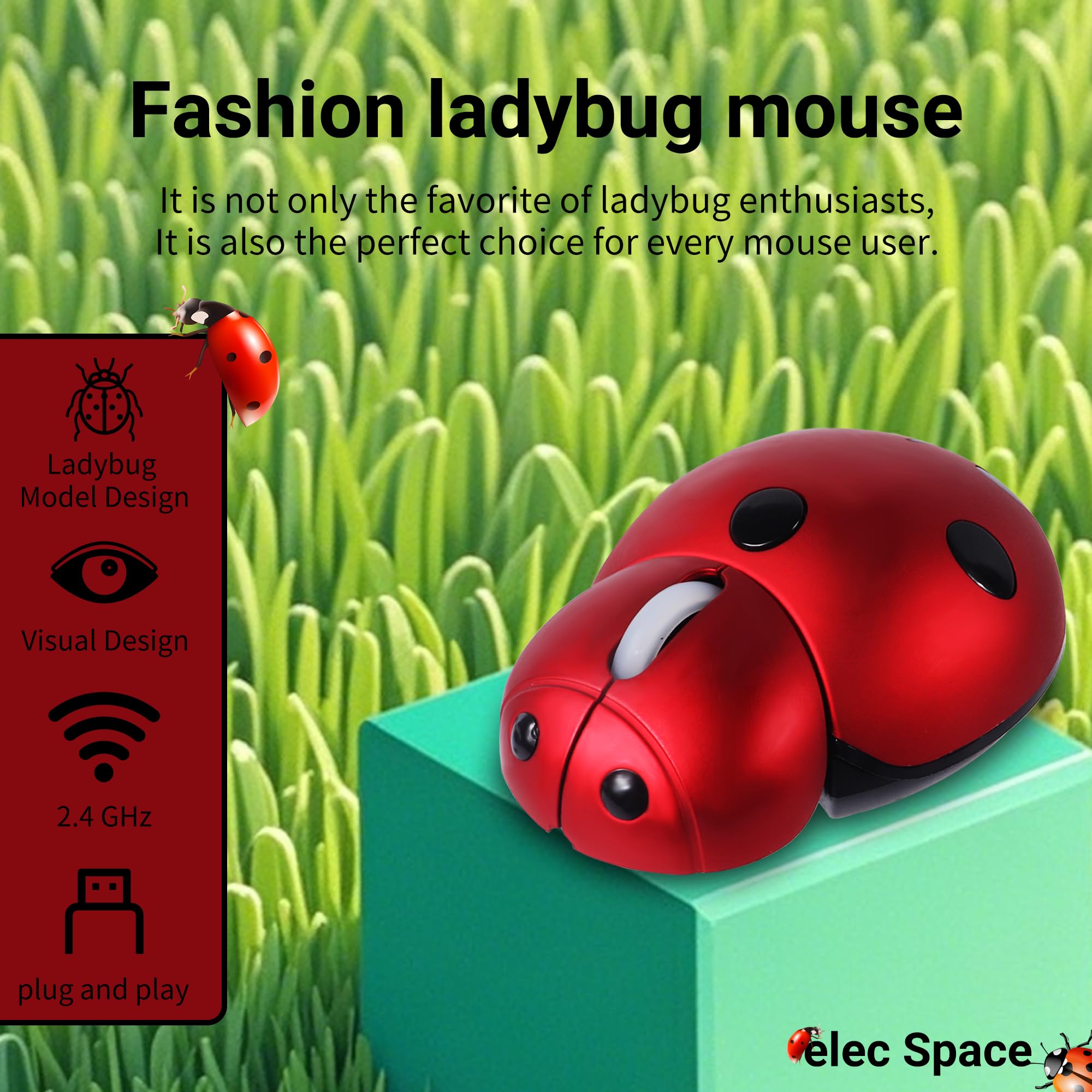 elec Space Mini Small Wireless Mouse for Kids, Cute Animal Ladybug Shape 3000DPI Portable Mobile Optical Mouse with USB Receiver Cordless Mouse for PC Mac Laptop Computer Notebook (Red)