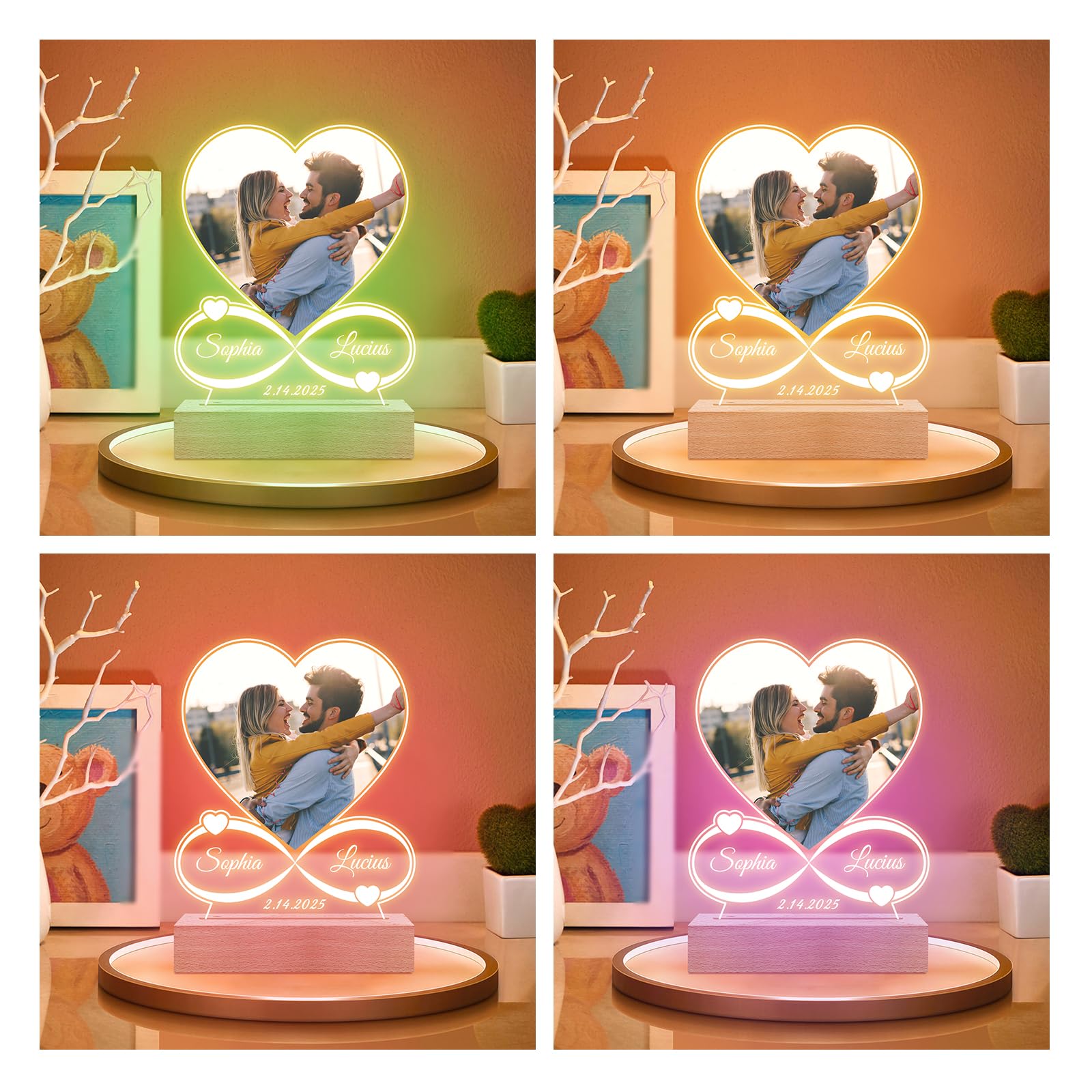 Custom Picture Frames with Photo, Personalized Photo Frame with Night Light, Customized Heart Picture Frame, Personalized Anniversary Valentines Day Gifts for Women Men Her Him Girlfriend Boyfriend