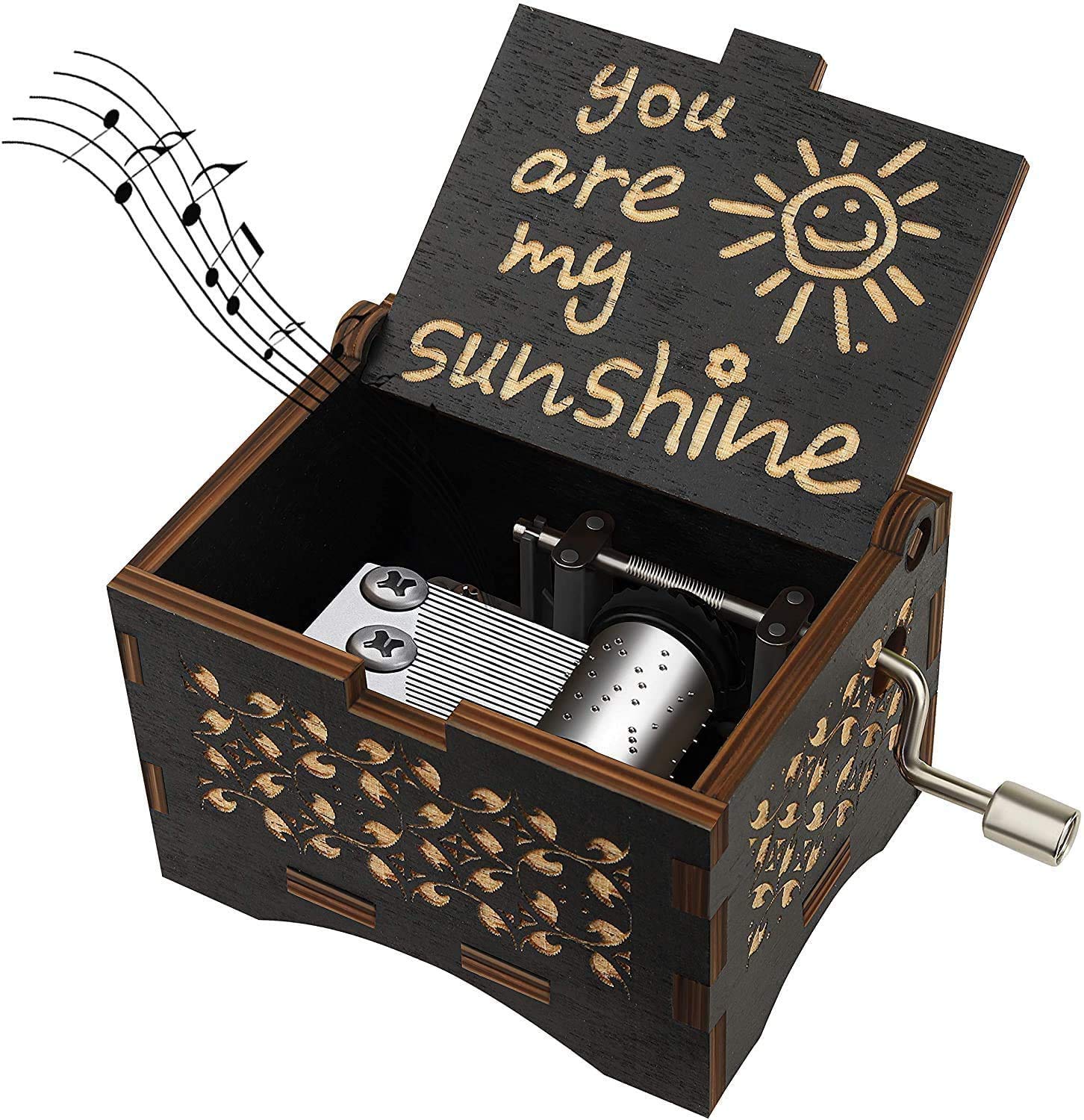 Dream Loom Wooden Music Box, Hand Cranked Laser Engraved Small Musical Boxes for Kids, Play You are My Sunshine Melody