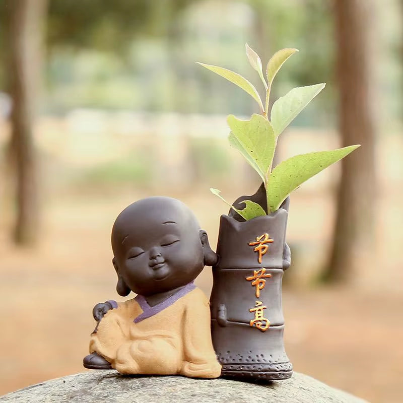 Ceramic Tea Pet Ornaments Small Buddha Statue Monk Figurine Desktop Flower Pot Hydroponic Plant Decoration Tea Accessories