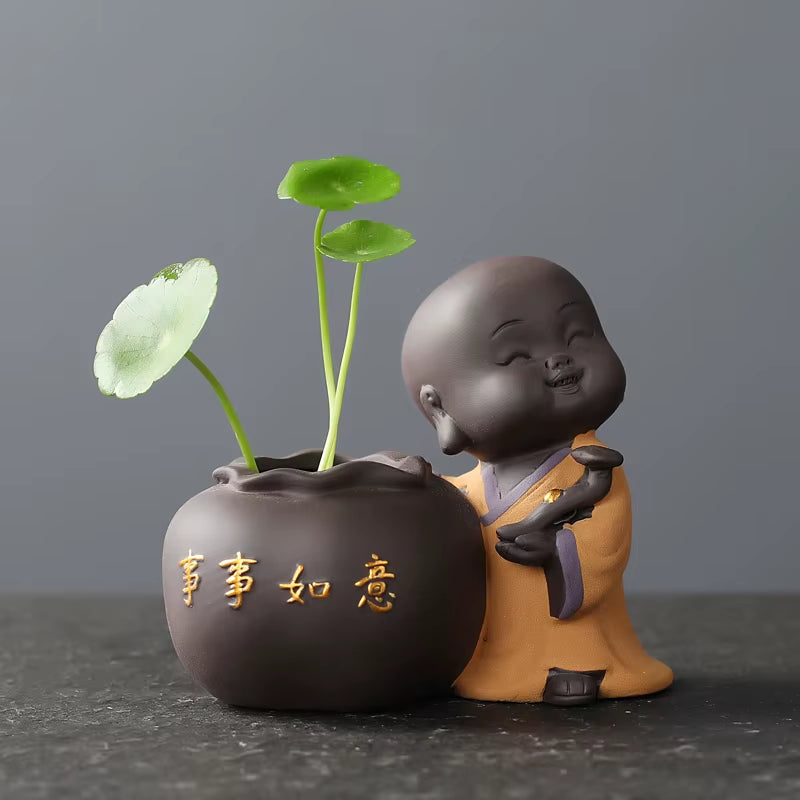 Ceramic Tea Pet Ornaments Small Buddha Statue Monk Figurine Desktop Flower Pot Hydroponic Plant Decoration Tea Accessories