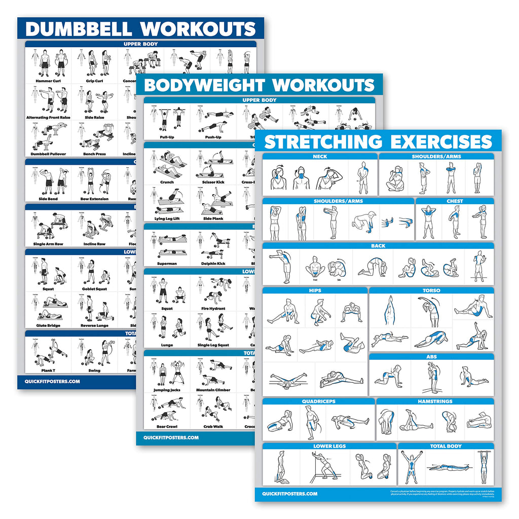 QuickFit 3 Pack - Dumbbell Workouts + Bodyweight Exercises + Stretching Routine Poster Set - Set of 3 Workout Charts (Laminated, 18" x 24")