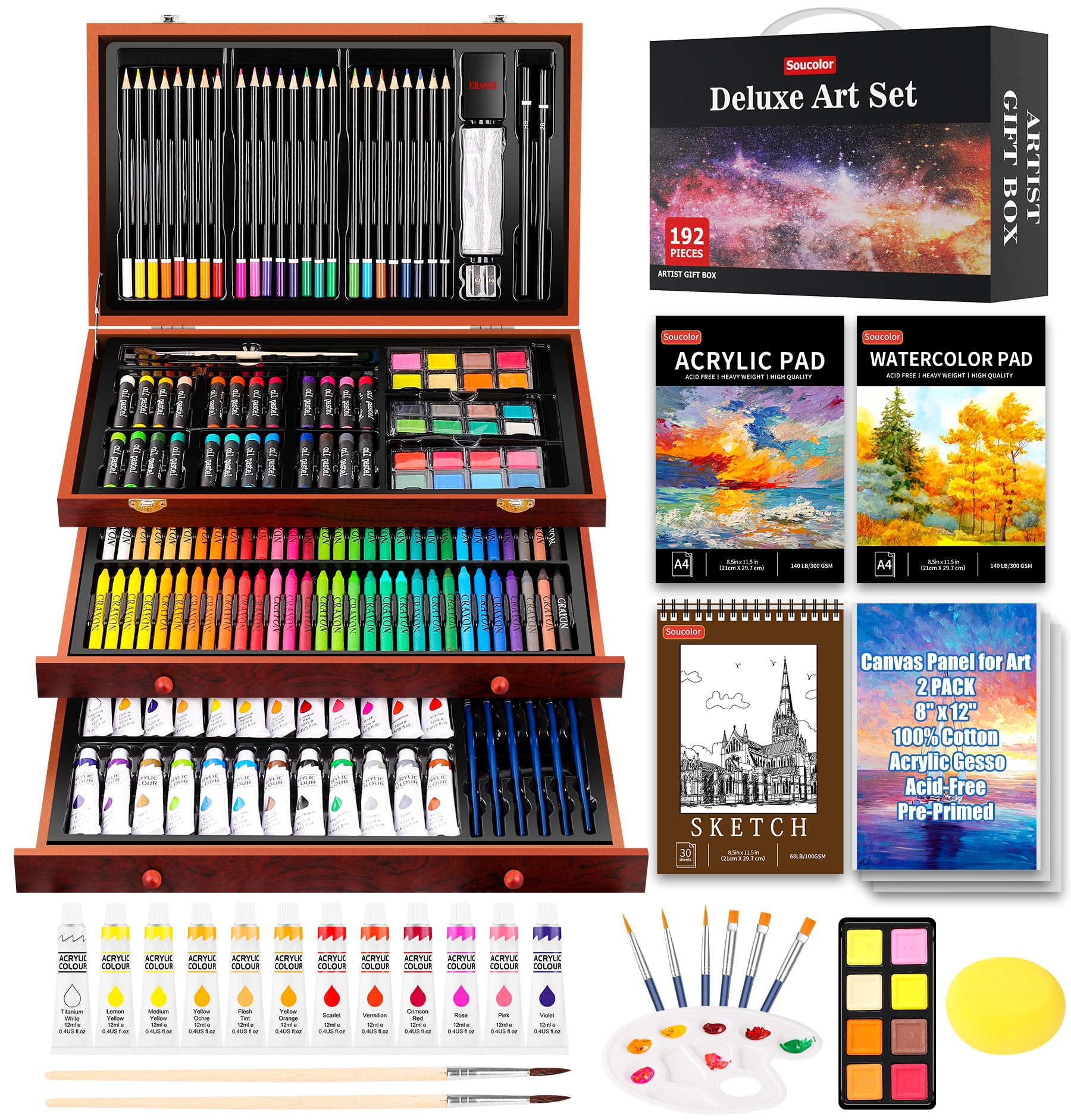 Soucolor Art Supplies, 192-Pack Deluxe Art Set Drawing Painting Supplies Kit with Acrylic Pad, Watercolor Pad, Sketch Book, Canvases, Acrylic Paint, Crayons, Pencils, Gifts for Artist Adults Teen Kids