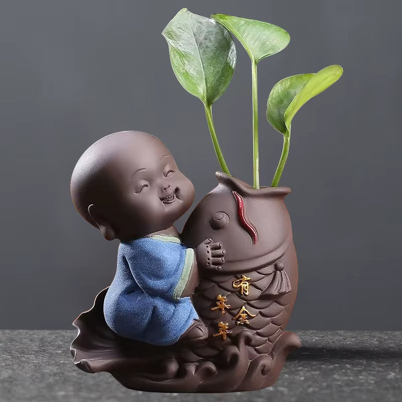 Ceramic Tea Pet Ornaments Small Buddha Statue Monk Figurine Desktop Flower Pot Hydroponic Plant Decoration Tea Accessories