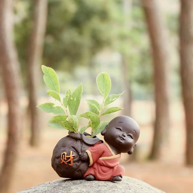 Ceramic Tea Pet Ornaments Small Buddha Statue Monk Figurine Desktop Flower Pot Hydroponic Plant Decoration Tea Accessories