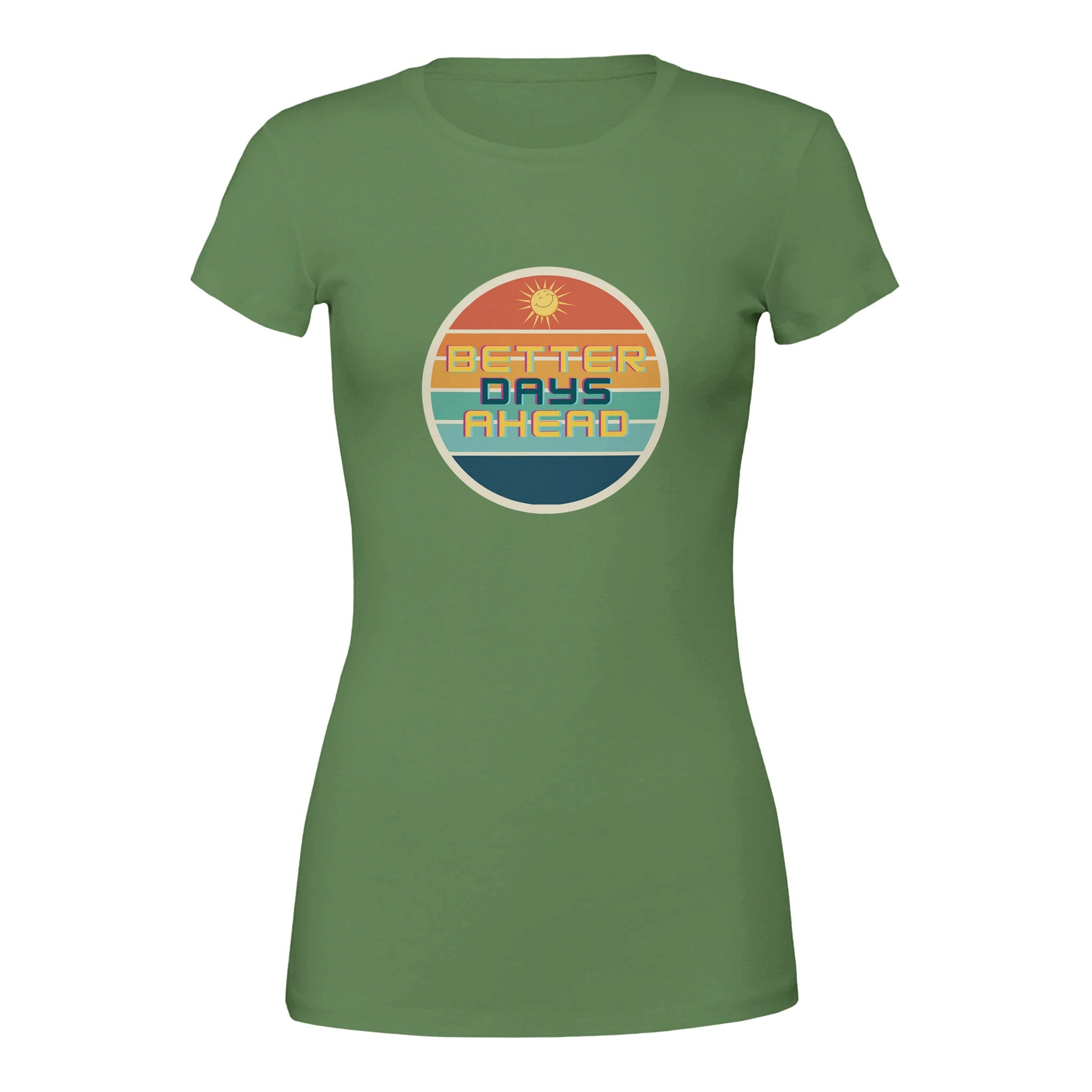 Biz Branding premium womens crewneck t-shirt olive green with retro circular Better Days Ahead sun and stripes graphic