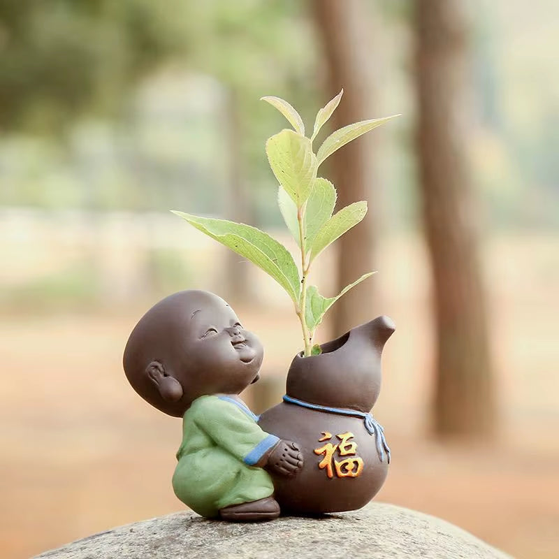 Ceramic Tea Pet Ornaments Small Buddha Statue Monk Figurine Desktop Flower Pot Hydroponic Plant Decoration Tea Accessories