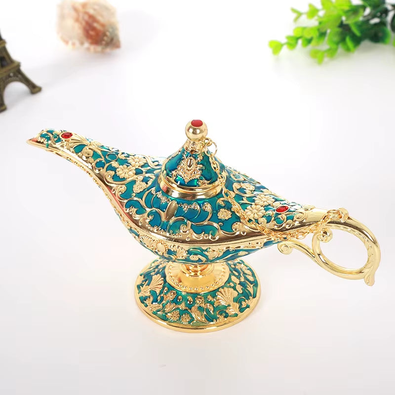 Large Size Colorful Metal Genie Magic Lamp Retro Wishing Oil Lamp Pot Incense Burner Home Decor Collection Souvenir Home Decore
