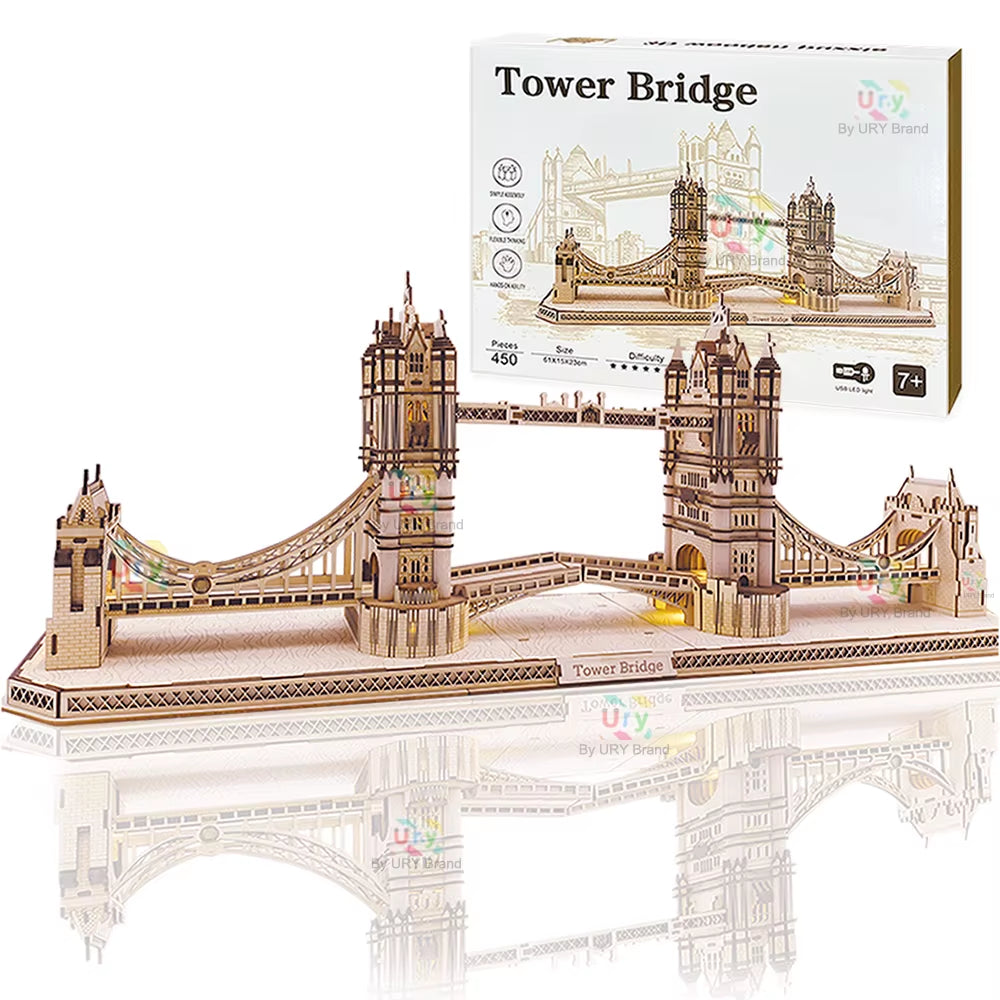 3D Wooden Puzzle England London Tower Bridge with Light LED Retro Assembly Souvenir Kits for Adult DIY Model Decoration Gift