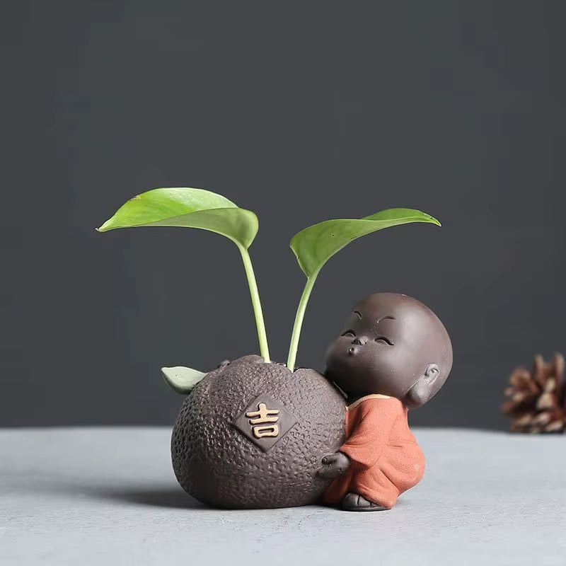 Ceramic Tea Pet Ornaments Small Buddha Statue Monk Figurine Desktop Flower Pot Hydroponic Plant Decoration Tea Accessories
