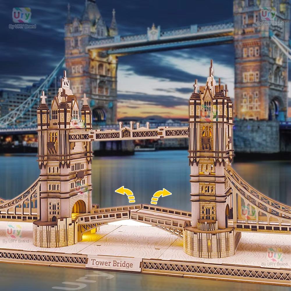 3D Wooden Puzzle England London Tower Bridge with Light LED Retro Assembly Souvenir Kits for Adult DIY Model Decoration Gift
