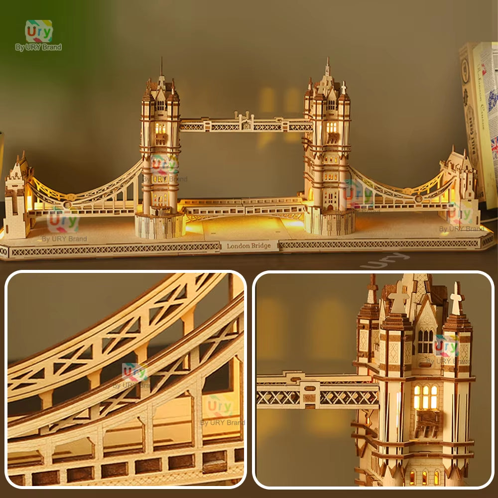 3D Wooden Puzzle England London Tower Bridge with Light LED Retro Assembly Souvenir Kits for Adult DIY Model Decoration Gift