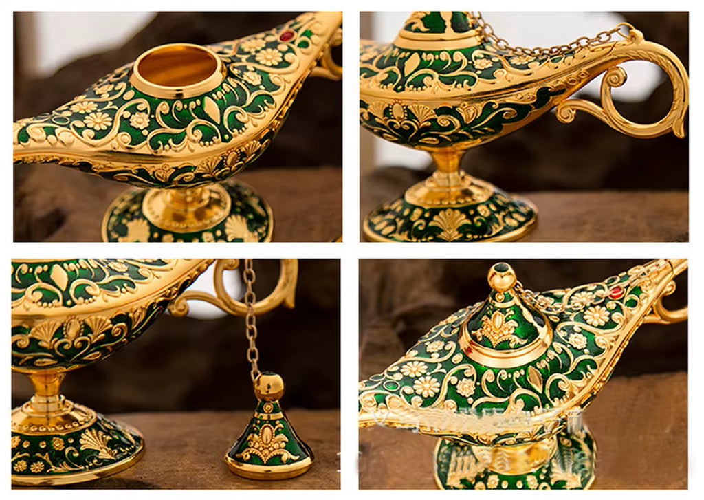 Large Size Colorful Metal Genie Magic Lamp Retro Wishing Oil Lamp Pot Incense Burner Home Decor Collection Souvenir Home Decore
